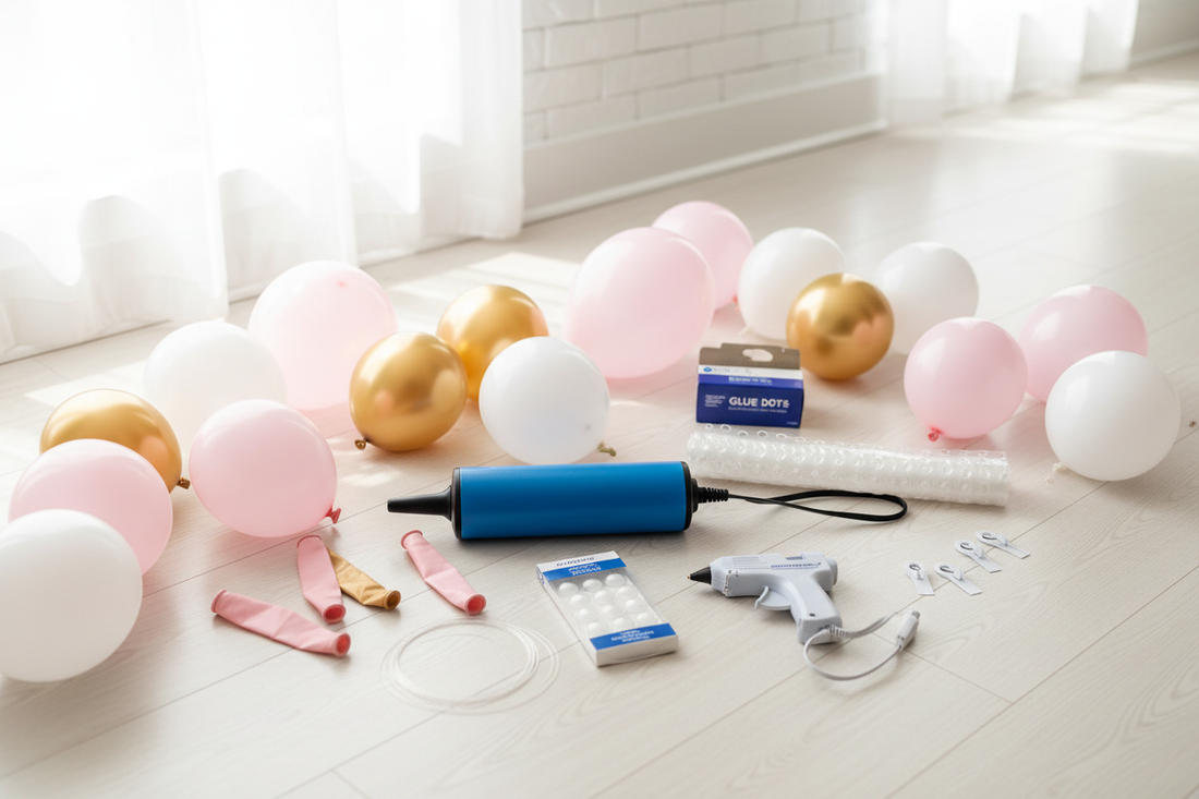 DIY balloon arch step-by-step guide flat lay with colorful balloons, balloon strip, pump, and party decorations on white background