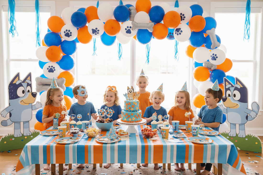 Bluey birthday party decoration flat lay with blue and orange balloons, Bluey themed tableware, banner, and party supplies on white background