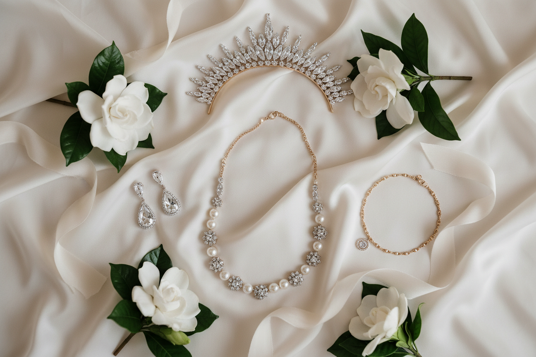 Bridal jewelry guide flat lay featuring pearl necklace, crystal earrings, gold bracelet and tiara with white gardenias on ivory satin