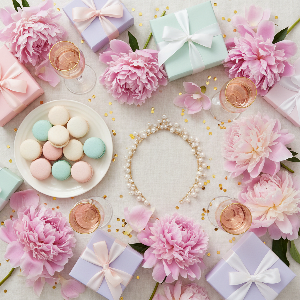 Elegant bridal shower table with blush pink peonies, champagne glasses, macarons, pearl tiara, pastel gift boxes and gold confetti on ivory background