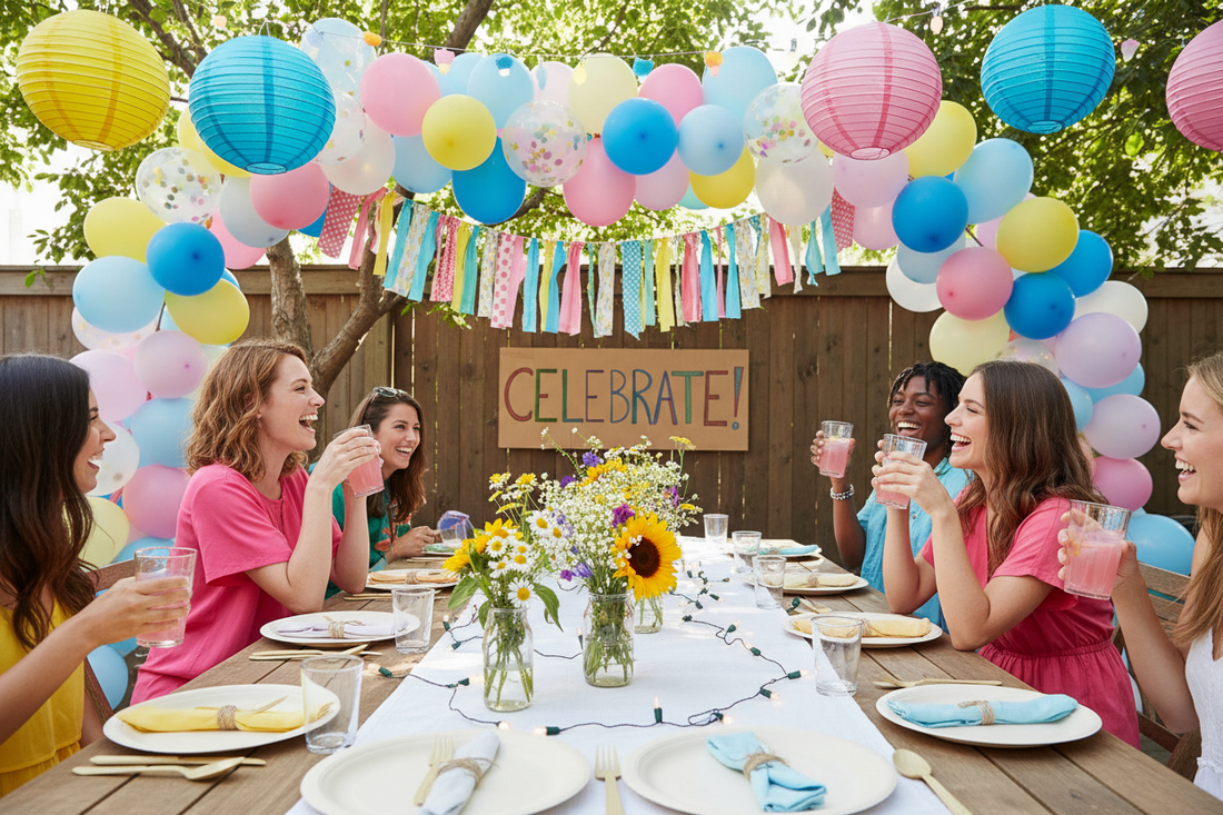 Budget party planning flat lay with affordable decorations, balloons, streamers, DIY decor elements and party supplies on colorful background