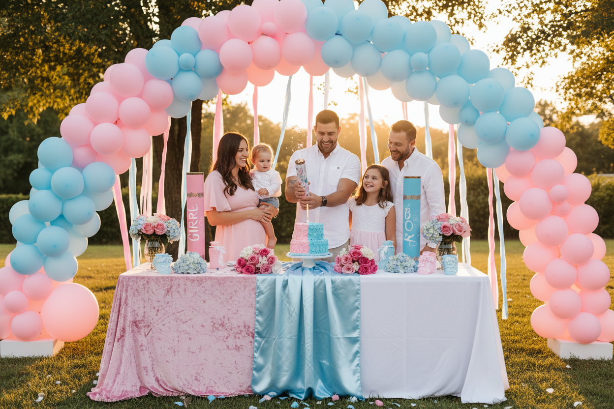 Gender reveal party decoration flat lay with pink and blue balloons, confetti, banner, and party supplies on white background