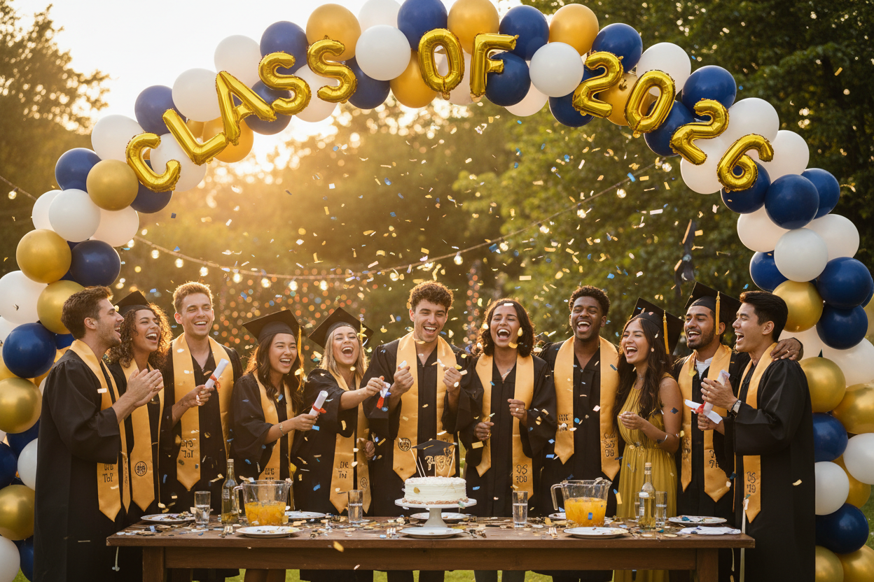 Graduation party decoration flat lay with gold and black balloons, diploma, graduation cap, confetti, and party supplies on white background