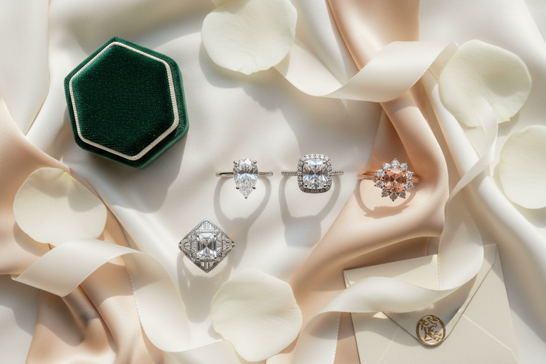 Engagement ring buying guide flat lay featuring diamond solitaire, halo, vintage and rose gold rings with white rose petals and velvet ring box on ivory satin