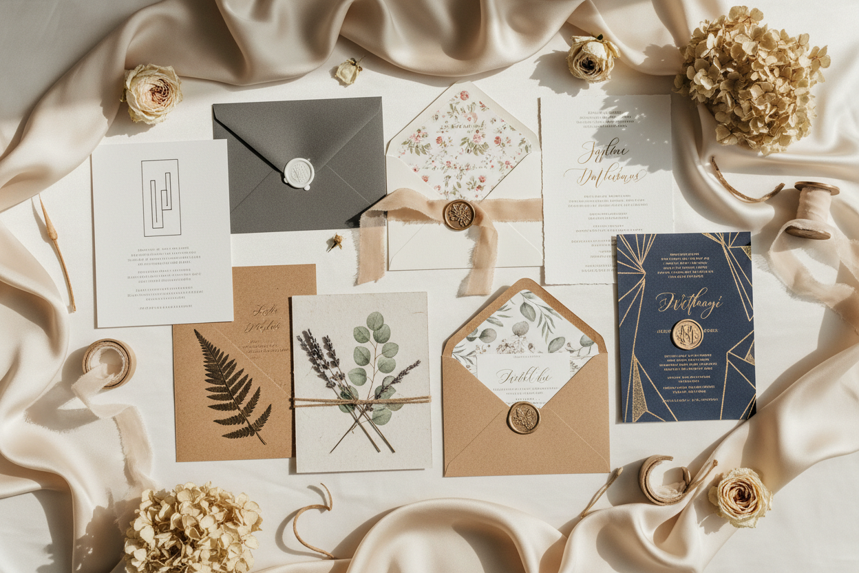 How to choose wedding invitations flat lay featuring multiple invitation styles including minimalist, calligraphy, botanical and gold foil designs with envelope liners and wax seals