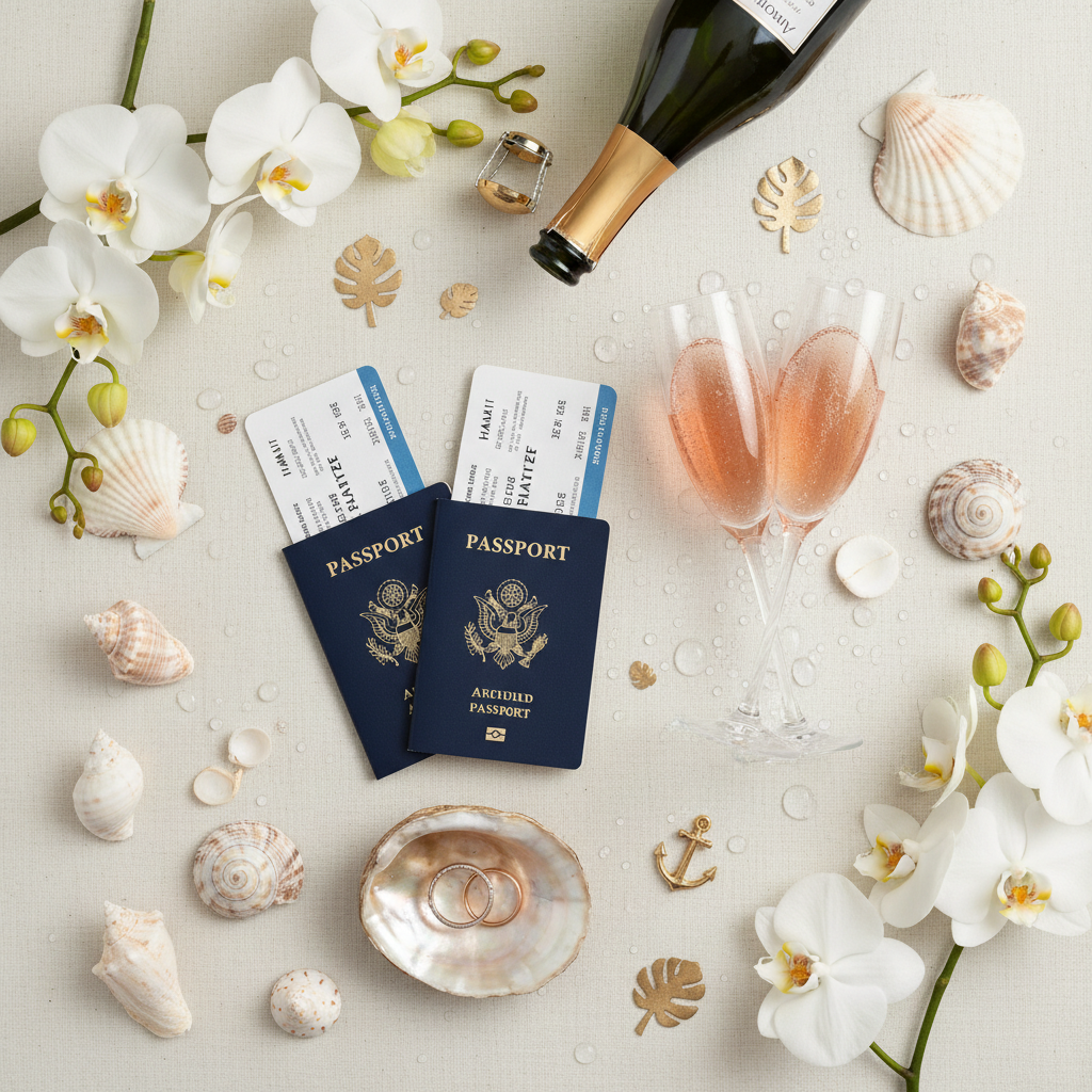Destination wedding flat lay with tropical beach elements, passport, plane ticket, white orchids, seashells, gold rings and champagne glasses on ivory background