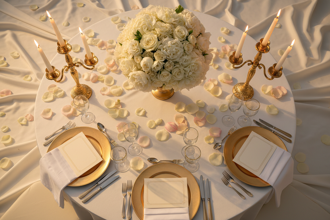 Wedding reception planning flat lay featuring beautifully set round table with white floral centerpiece, gold candelabra, crystal glasses and rose petals in warm golden light