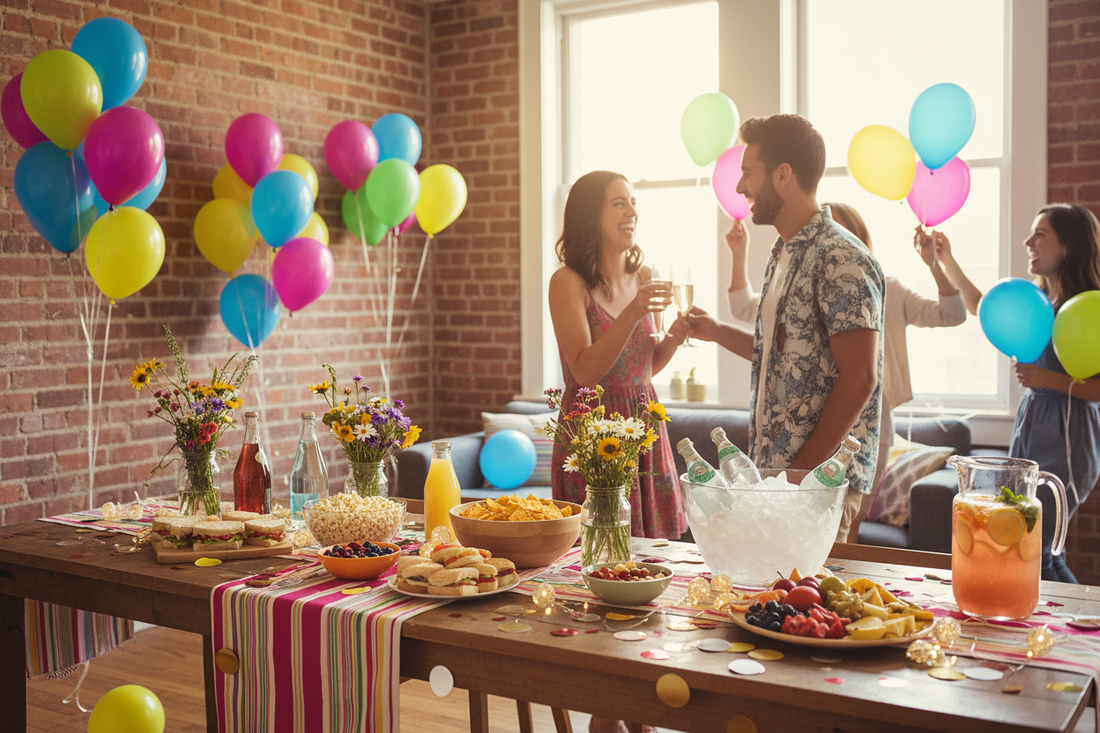 Last-minute party planning flat lay with balloons, streamers, confetti, quick snacks and party supplies on colorful background