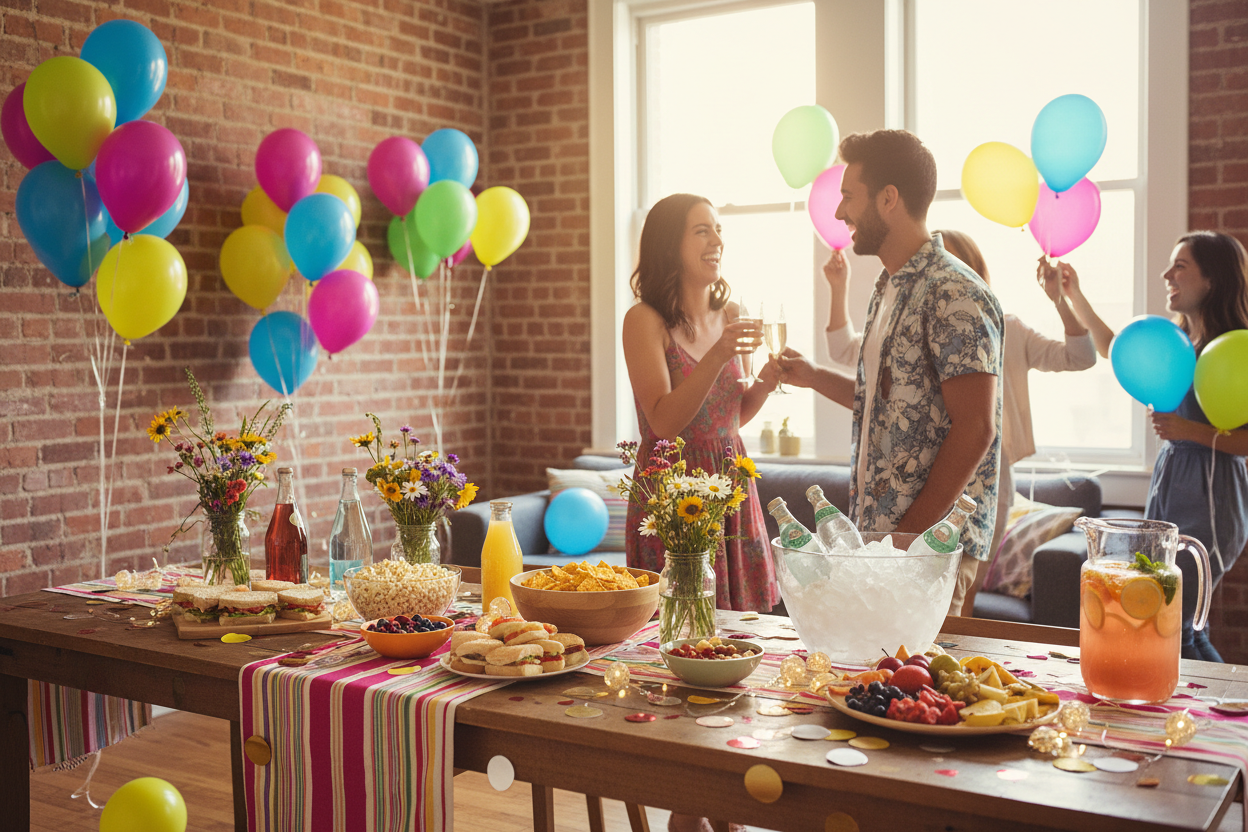 Last-minute party planning flat lay with balloons, streamers, confetti, quick snacks and party supplies on colorful background