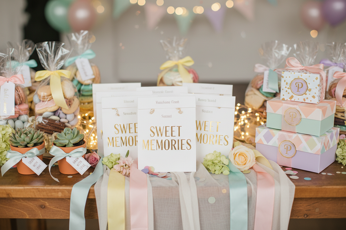Party favor ideas flat lay with mini candles, custom cookies, ribbon-tied gift boxes, seed packets and personalized tags on white background