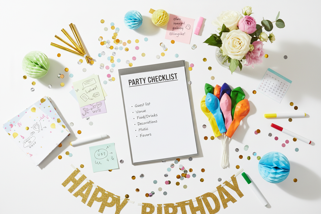 Party planning checklist flat lay with notebook, pen, balloons, confetti, and colorful party supplies on white background