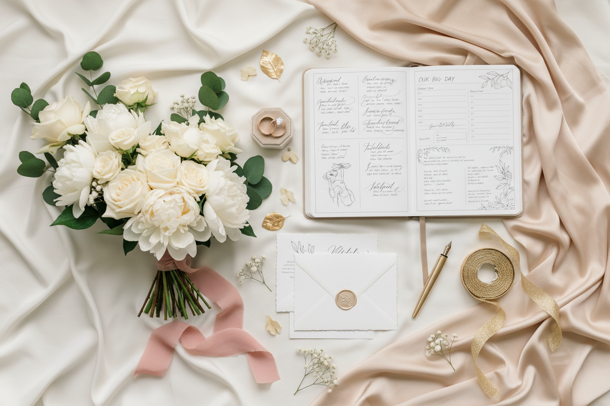 Elegant wedding planning flat lay with open planner, white roses, wedding rings, invitation suite and gold pen on ivory background