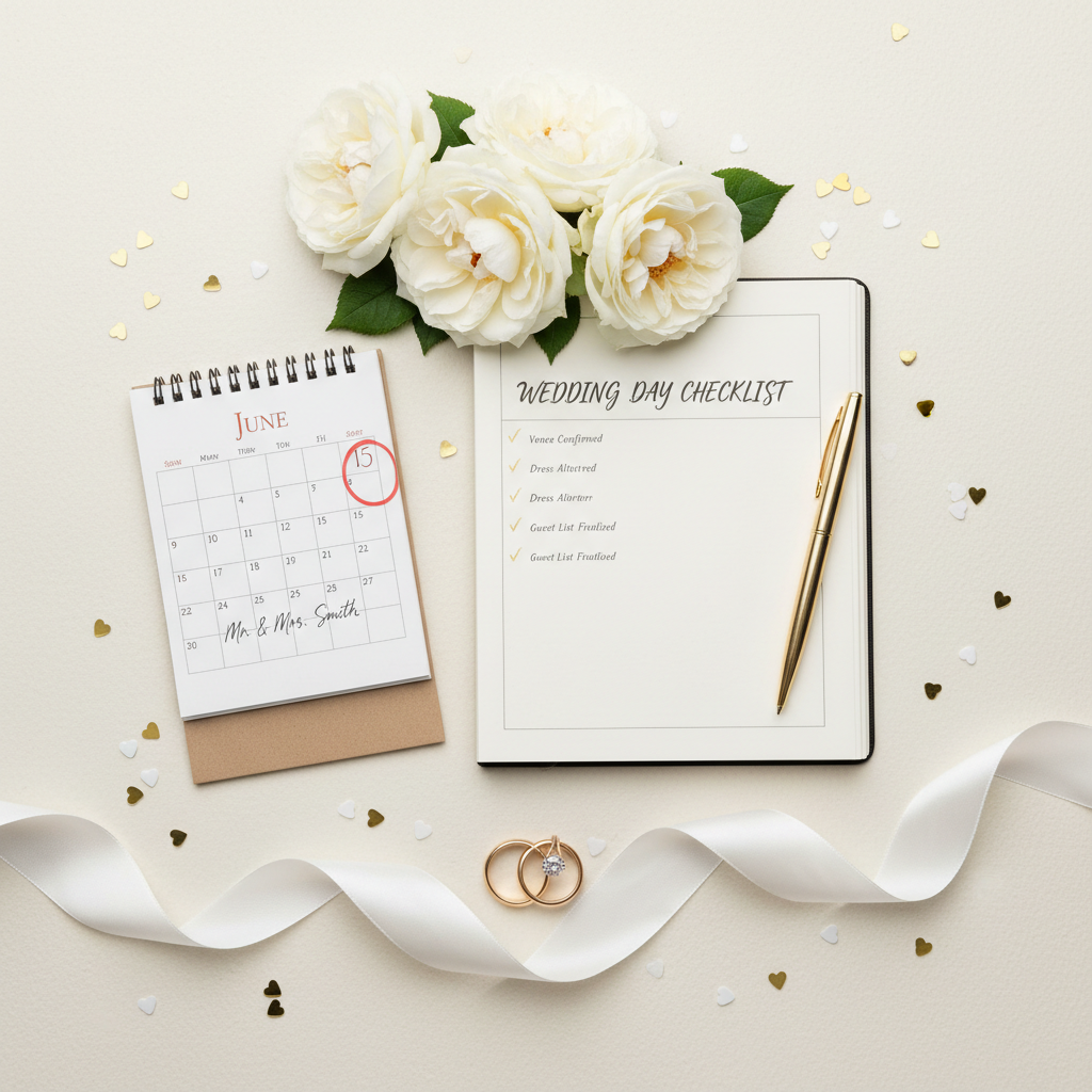 Elegant wedding planning flat lay with open planner notebook, checklist, gold pen, calendar, white roses and wedding rings on ivory background