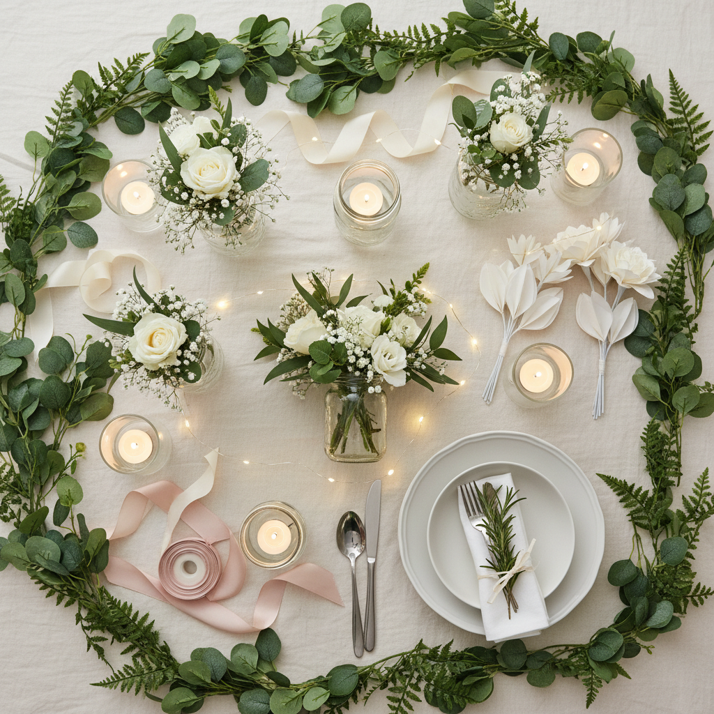 DIY wedding decoration flat lay with mason jar candles, fairy lights, paper flowers, greenery garlands and simple white tableware on ivory background