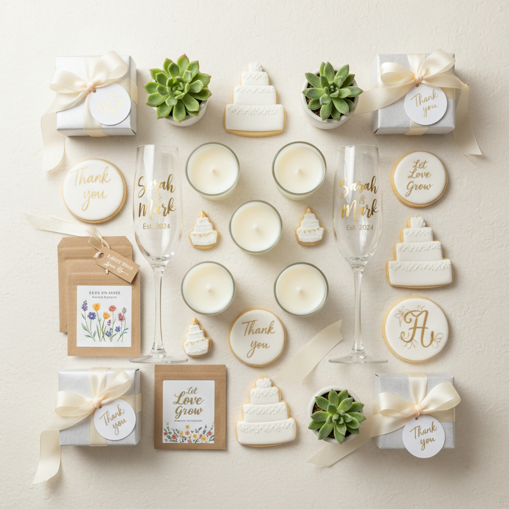 Elegant wedding favor flat lay with mini candles, personalized champagne flutes, custom cookies, small succulents, seed packets and ribbon-tied gift boxes on ivory background