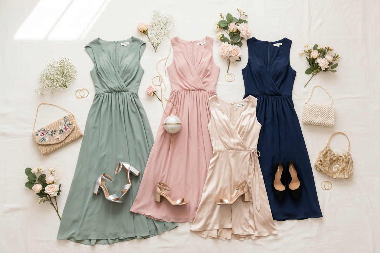 Wedding guest dress code guide flat lay featuring blush midi dress, sage green maxi, navy cocktail dress, champagne wrap dress with heels and pearl clutch on ivory background