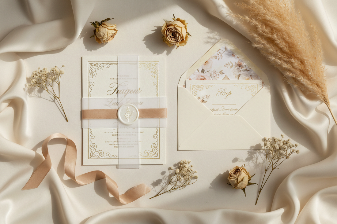 Wedding invitation wording guide flat lay featuring calligraphy invitation with gold foil details, vellum overlay, wax seal, satin ribbon and dried flower accents on ivory background