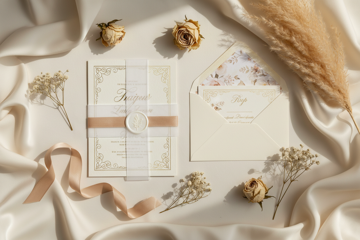 Wedding invitation wording guide flat lay featuring calligraphy invitation with gold foil details, vellum overlay, wax seal, satin ribbon and dried flower accents on ivory background