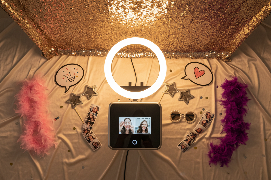 Wedding photo booth setup flat lay featuring modern photo booth machine with ring light, glittery sequin backdrop, fun props and printed photo strips on ivory background
