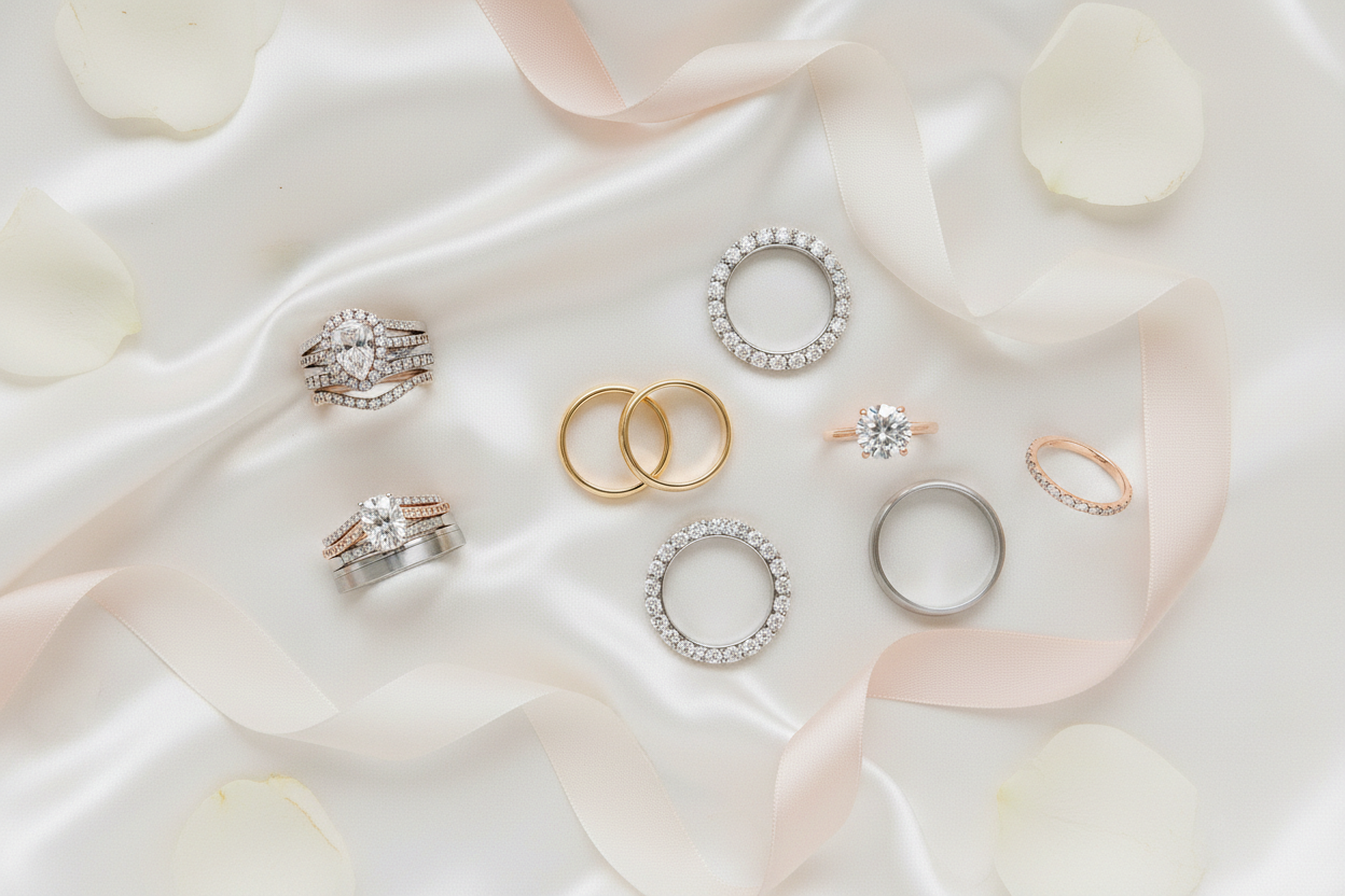 Wedding ring styles flat lay featuring gold bands, diamond eternity bands, rose gold solitaire, platinum band and stacked bridal sets with white rose petals on ivory satin