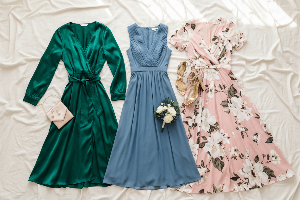 Wedding guest outfit ideas flat lay featuring dusty blue midi dress, blush floral maxi, emerald wrap dress with gold heels, pearl earrings and satin clutch on ivory background