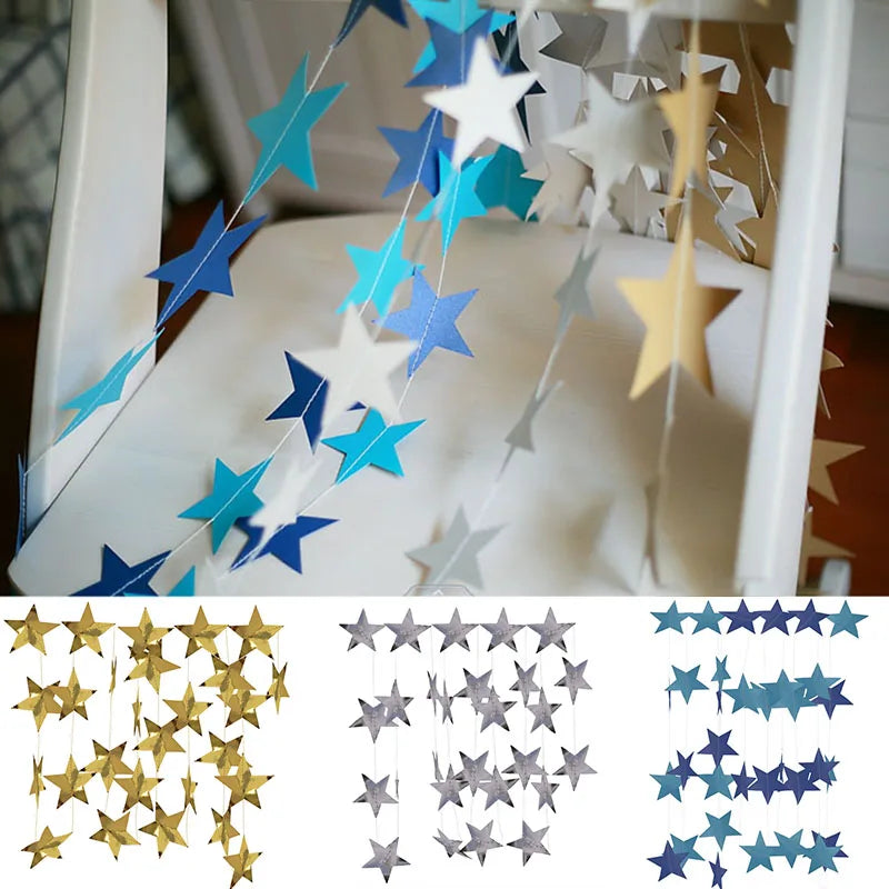 Star Paper Garland String – 4M Gold, Silver & Blue Hanging Banner for Weddings, Birthdays & Baby Showers