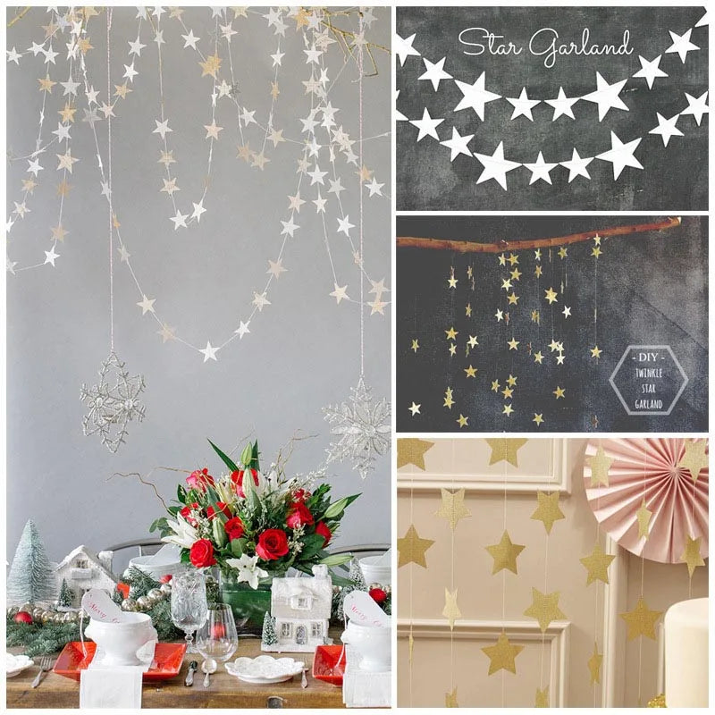Star Paper Garland String – 4M Gold, Silver & Blue Hanging Banner for Weddings, Birthdays & Baby Showers