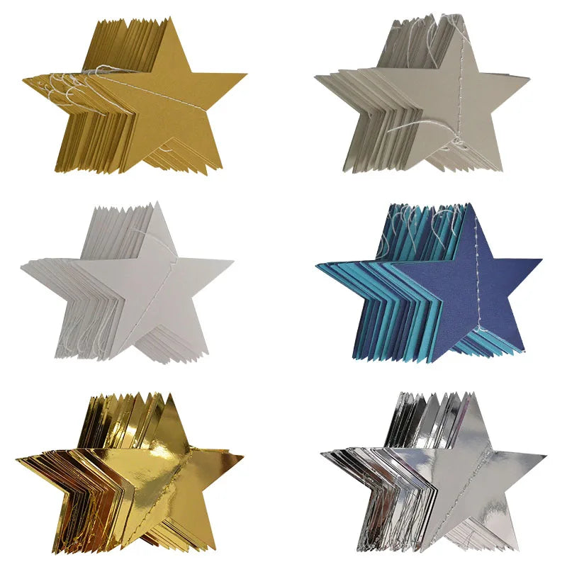 Star Paper Garland String – 4M Gold, Silver & Blue Hanging Banner for Weddings, Birthdays & Baby Showers