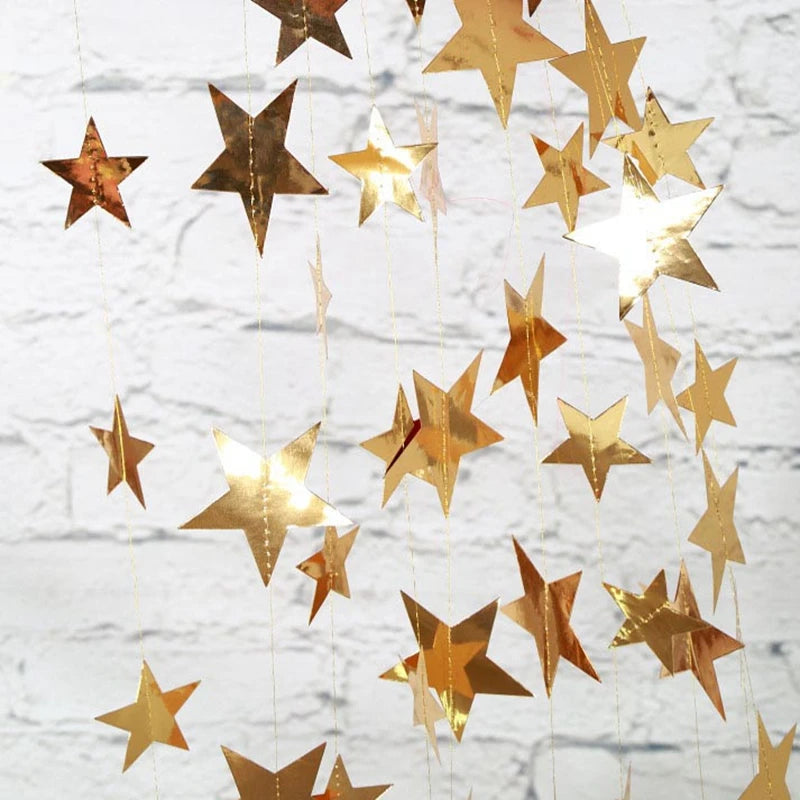 Star Paper Garland String – 4M Gold, Silver & Blue Hanging Banner for Weddings, Birthdays & Baby Showers