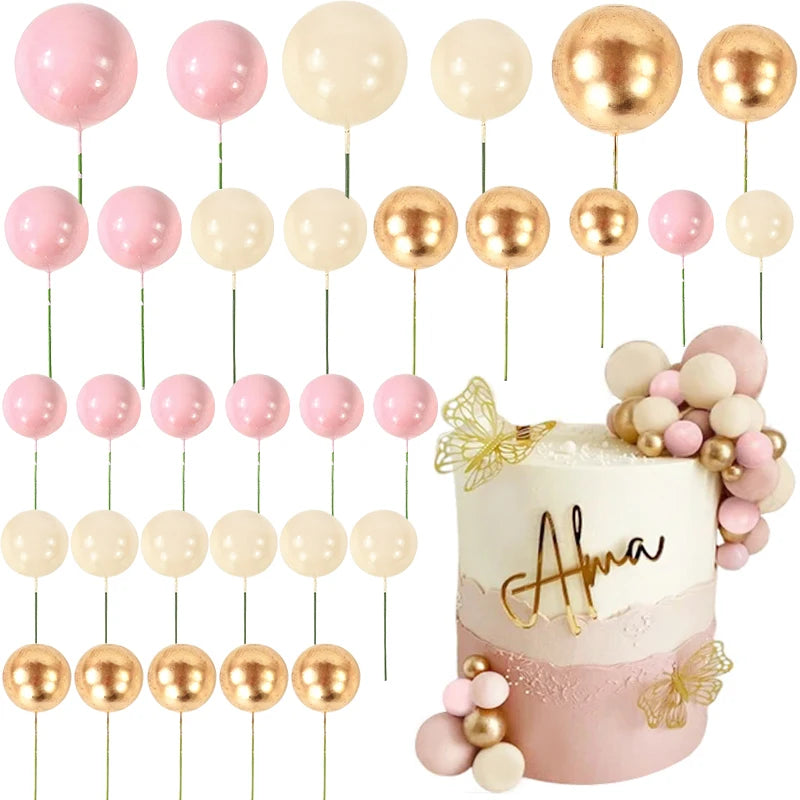 Ball Cake Toppers – Pearl & Gold Cupcake Topper Set for Birthday, Wedding & Baby Shower (32 Pcs)