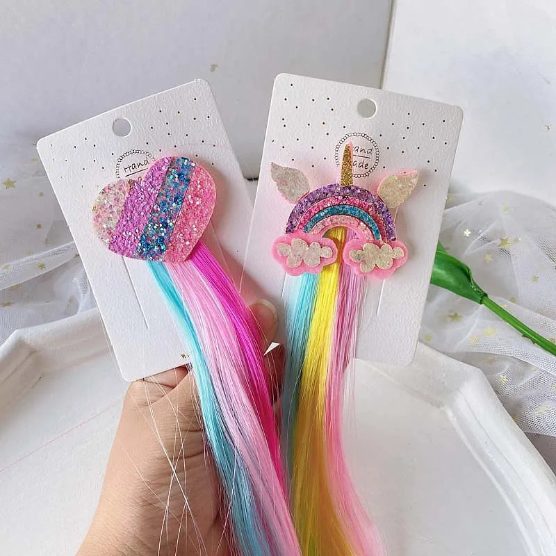 Unicorn Rainbow Wig Hair Clips – Colorful Braid Headwear for Girls (1 & 2 Pack)