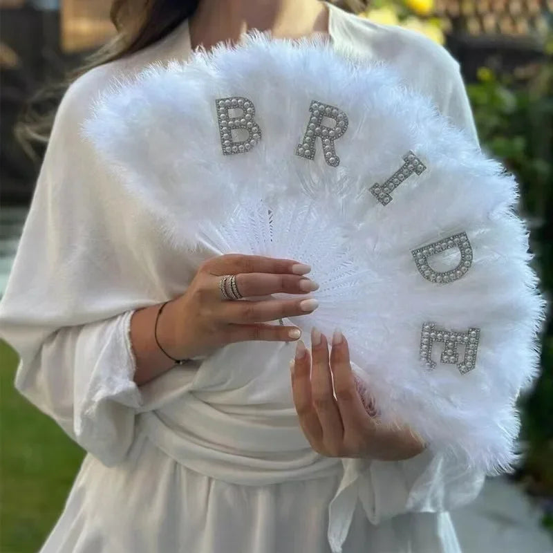 Bride Pearl & Feather Hand Fan – Elegant Bridal Accessory for Weddings, Bridal Showers & Hen Parties