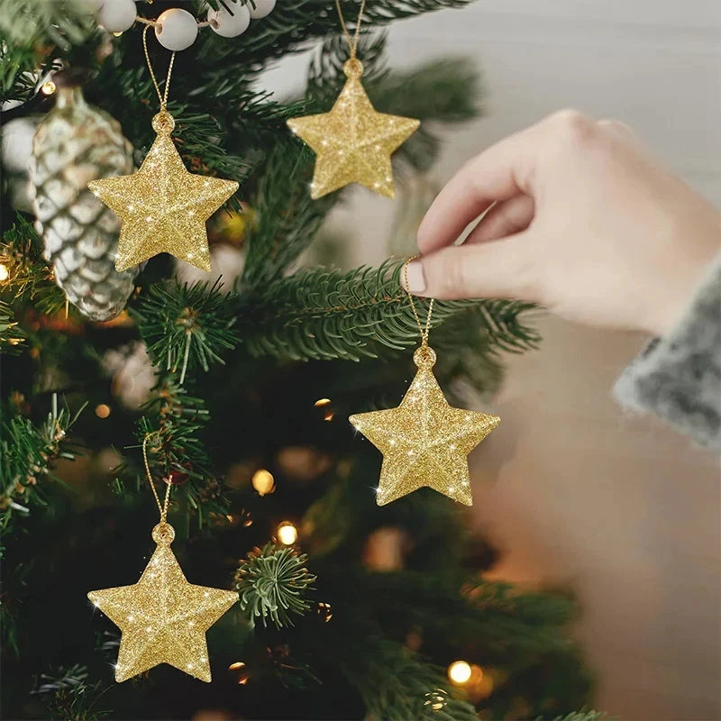 Glitter Star Christmas Tree Ornaments – Hanging Pendants in Gold, Silver & Multicolor (6, 12 & 24 Pack)