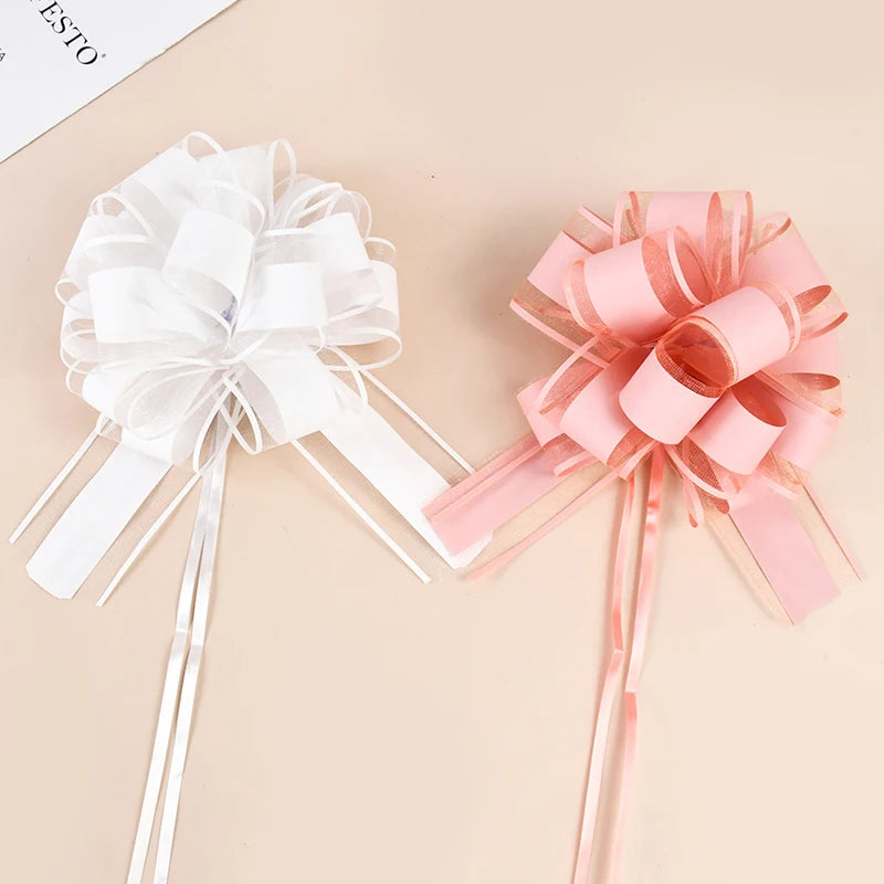 Silk Pull Bows – Wedding Car Decoration, Gift Wrapping & Party Ribbons in Pink, White & Gold (2, 4 & 10 Pack)