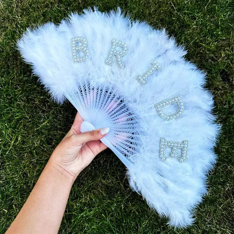 Bride Pearl & Feather Hand Fan – Elegant Bridal Accessory for Weddings, Bridal Showers & Hen Parties