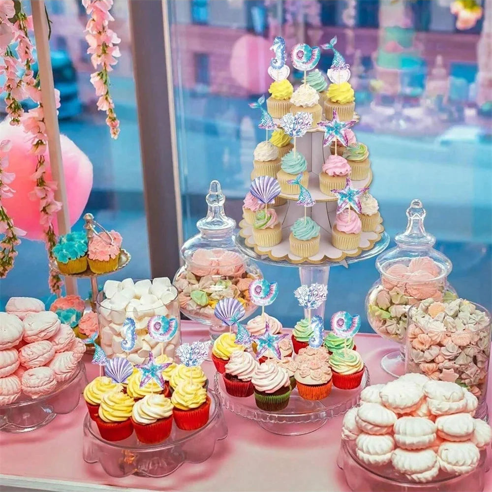 Mermaid Cake Toppers – Reusable Paperboard Set (6, 12 or 24 Pcs)