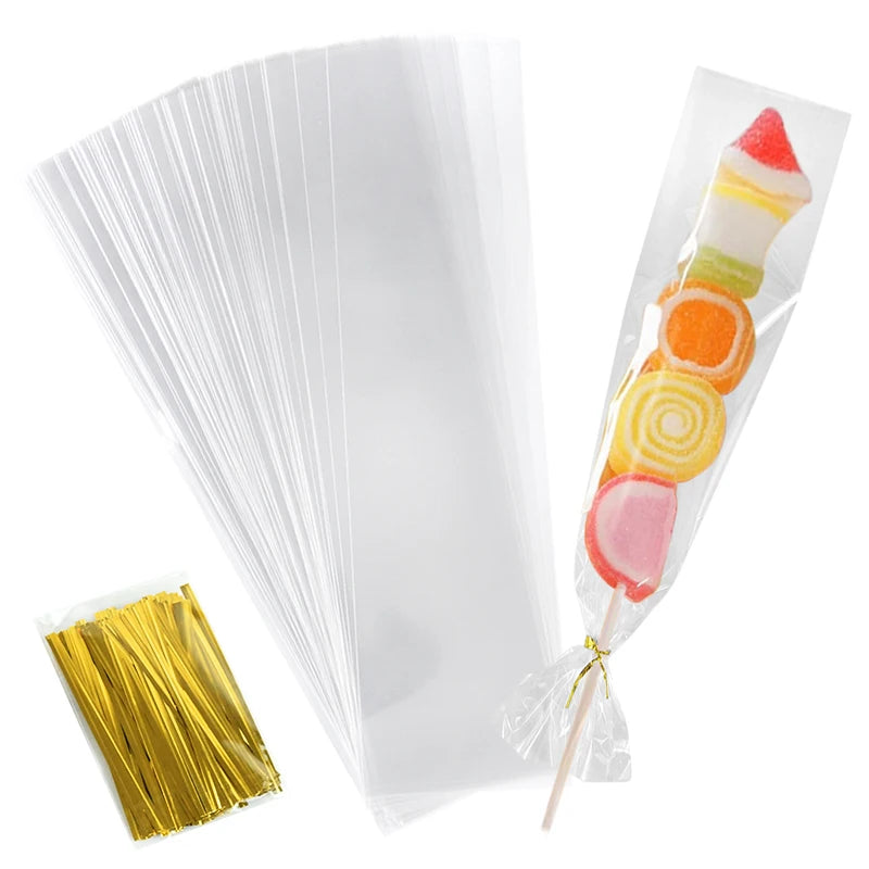 Clear Cellophane Candy Bags – 50 or 100 Pcs Long Treat Bags for Lollipops, Cookies & Party Favors