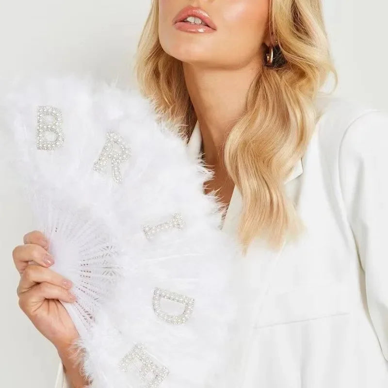 Bride Pearl & Feather Hand Fan – Elegant Bridal Accessory for Weddings, Bridal Showers & Hen Parties