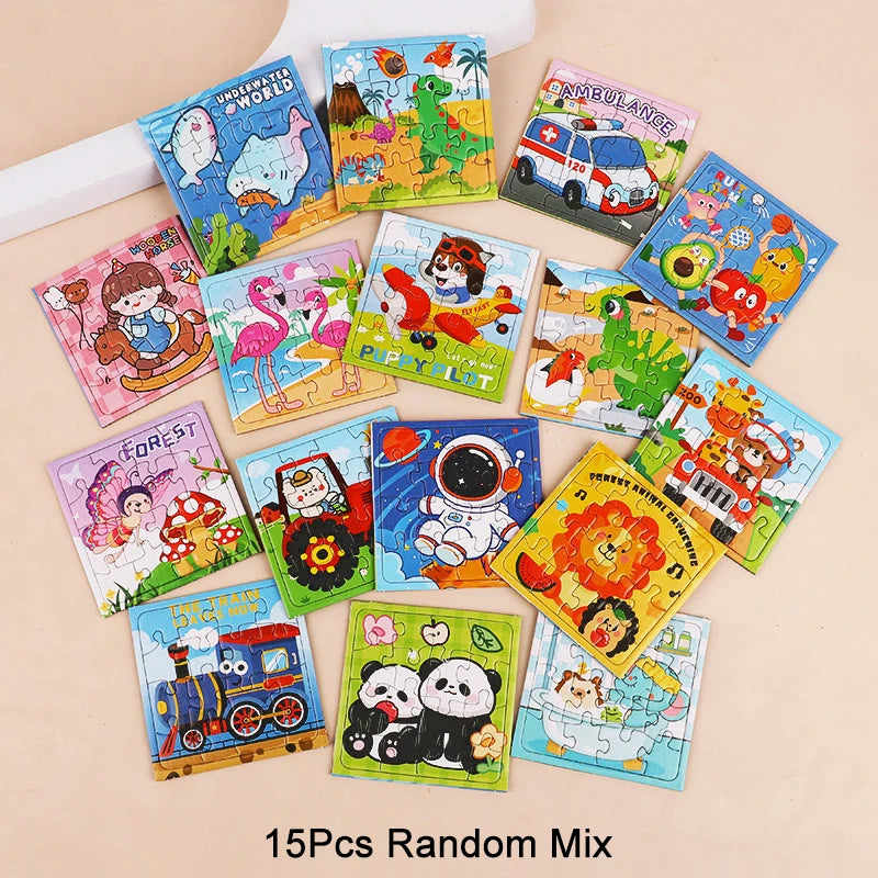 Mini Cartoon Animal Jigsaw Puzzles – 15 or 30 Pcs Kids Educational Party Favors & Pinata Fillers