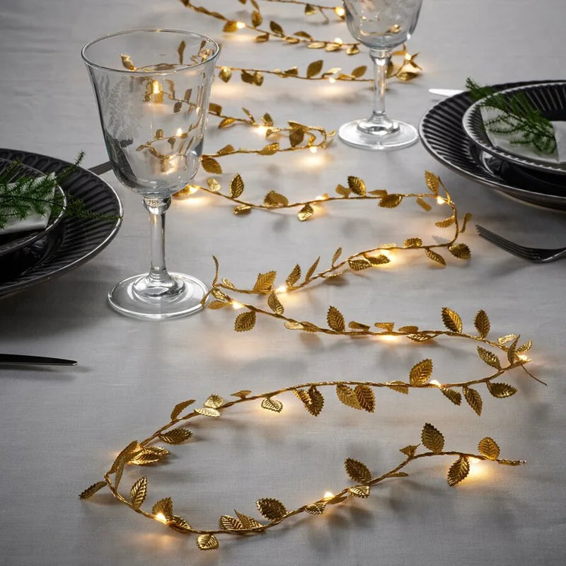 Golden Leaf String Fairy Lights – 2M 20 LED Vine Garland for Weddings & Parties