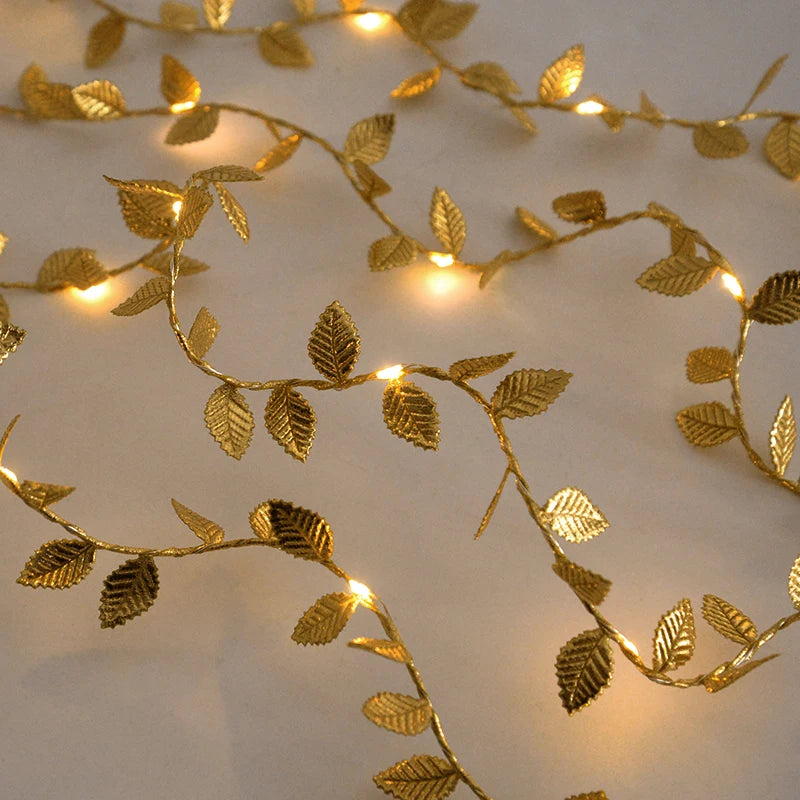Golden Leaf String Fairy Lights – 2M 20 LED Vine Garland for Weddings & Parties