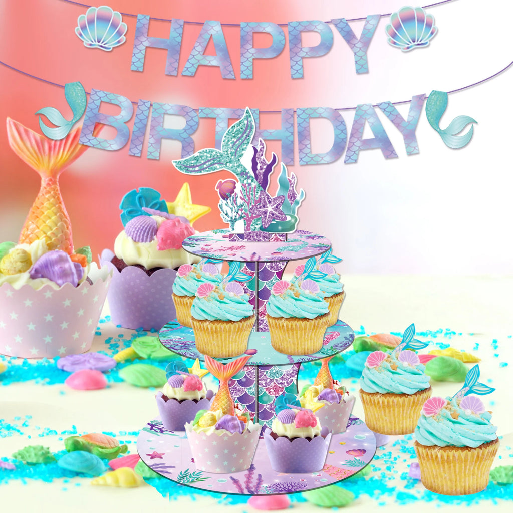 Mermaid 3-Tier Cake Stand – Cupcake Wrappers & Topper Display Kit