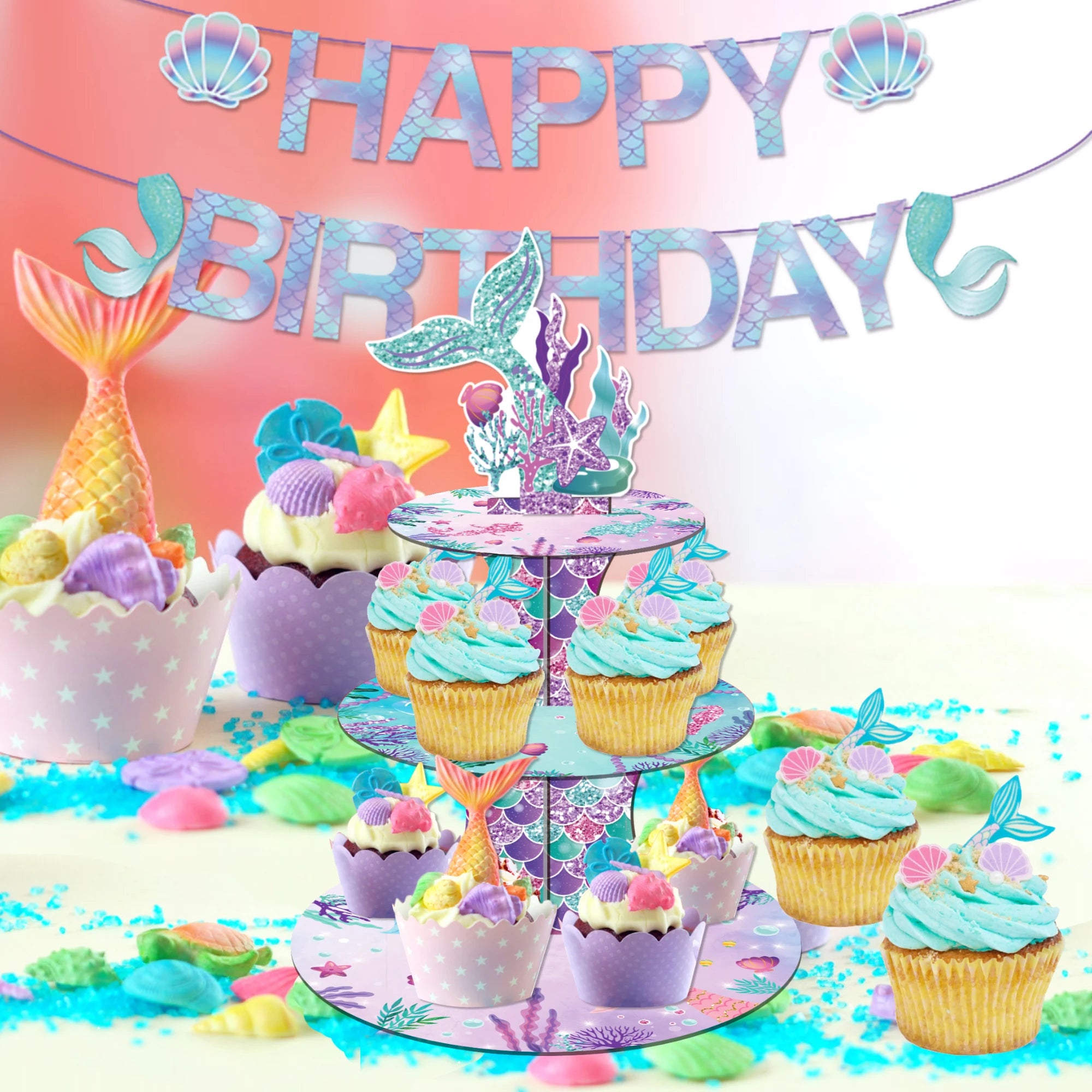 Mermaid 3-Tier Cake Stand – Cupcake Wrappers & Topper Display Kit