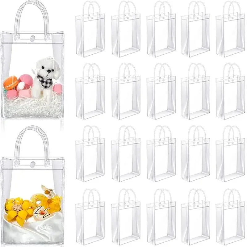 Clear Vinyl Gift Bags with Handles – Reusable Transparent Tote Bags for Party Favors, Weddings & Gifting (10 or 20 Pcs)