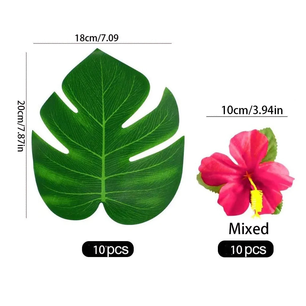 Tropical Palm Leaf & Hibiscus Flower Set – 20-Piece Luau Party Decor