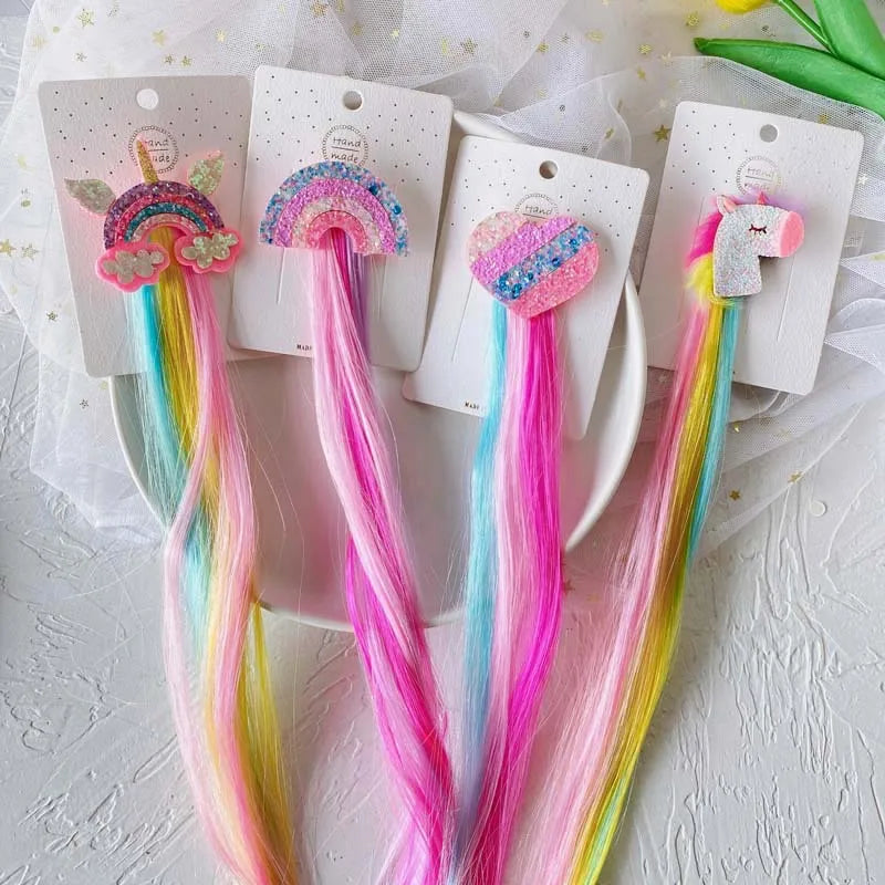 Unicorn Rainbow Wig Hair Clips – Colorful Braid Headwear for Girls (1 & 2 Pack)