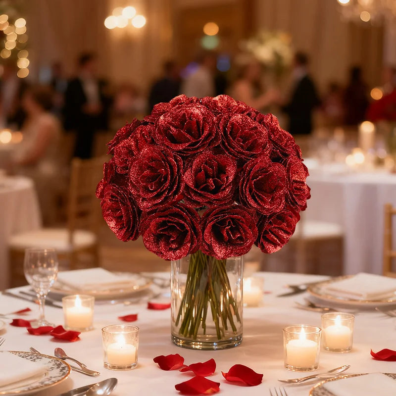 Glitter Rose Artificial Flower Bouquet – Wedding & Valentine’s Decor