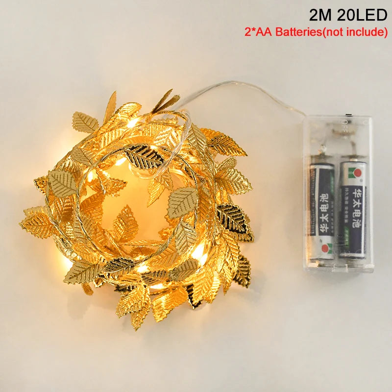 Golden Leaf String Fairy Lights – 2M 20 LED Vine Garland for Weddings & Parties