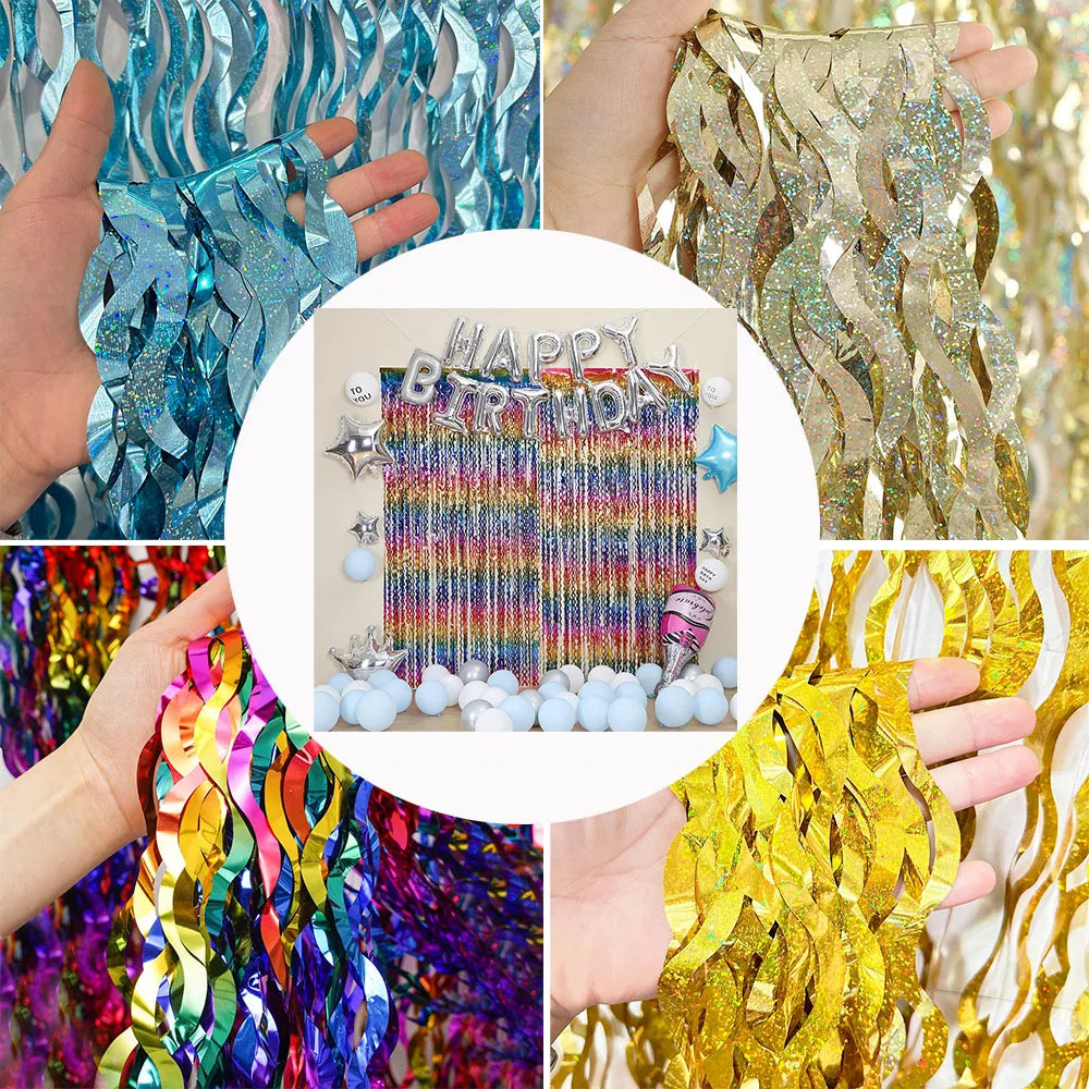 Wavy Tinsel Foil Fringe Curtain Backdrop – 25 Colors, 1m or 2m High