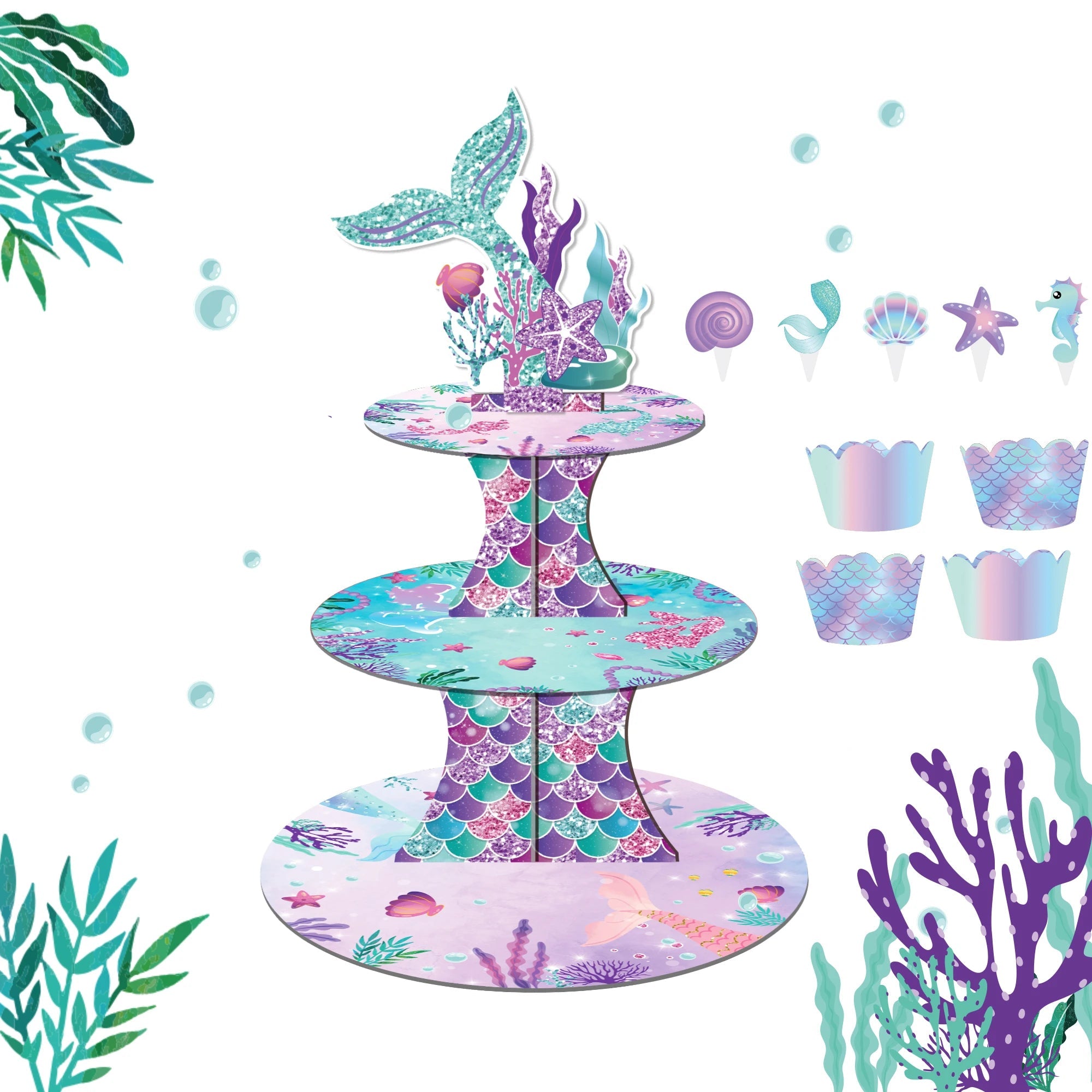 Mermaid 3-Tier Cake Stand – Cupcake Wrappers & Topper Display Kit